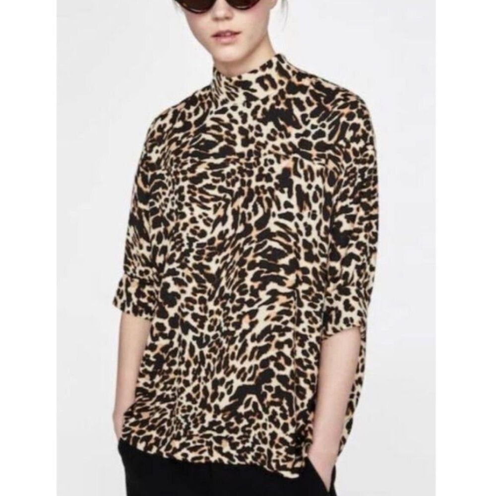 NWT Zara Woman Leopard Print Mock Neck Blouse Shirt - Size S